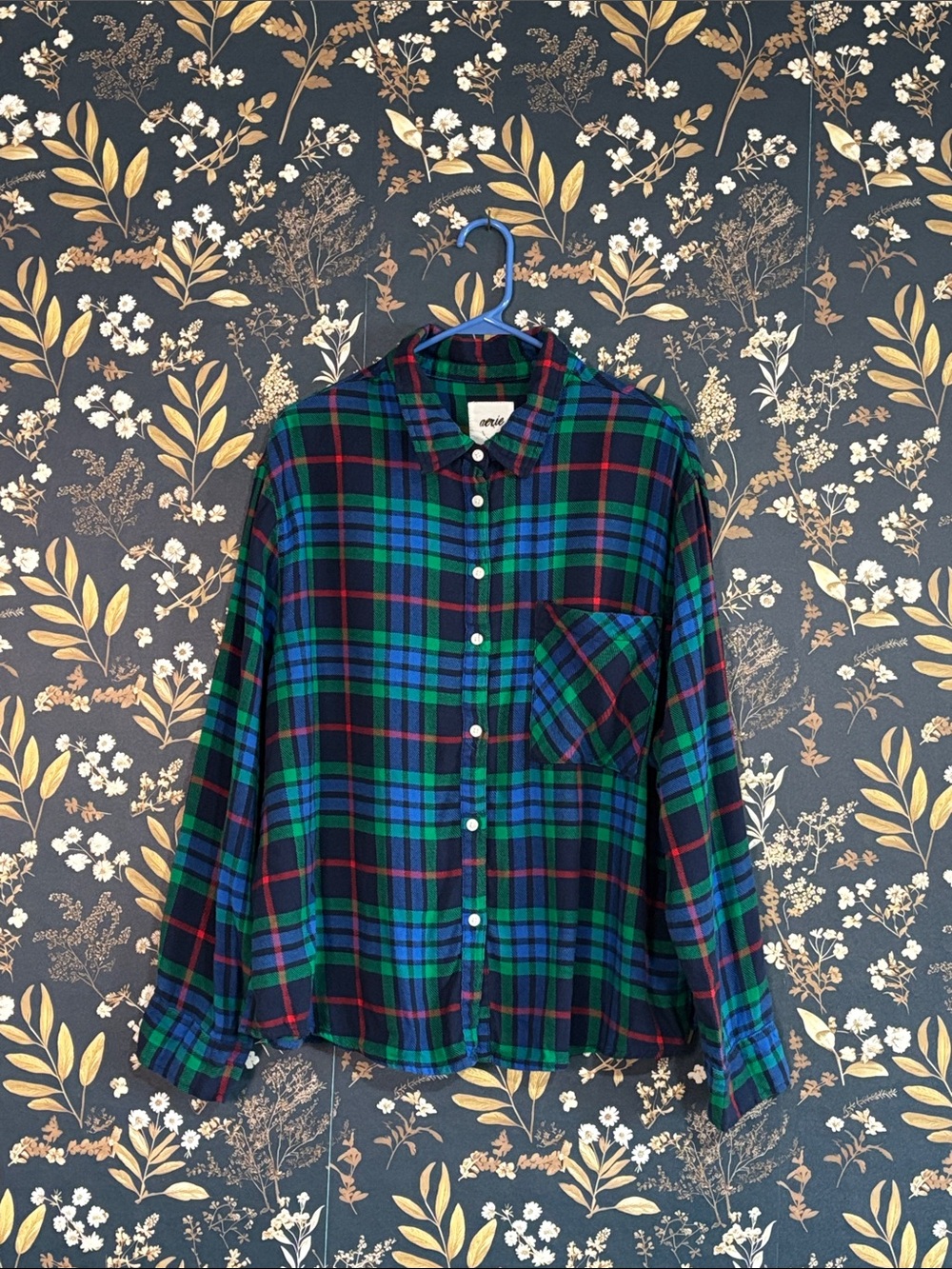 Aerie Blue & Green Plaid Button-Down Shirt Size XL